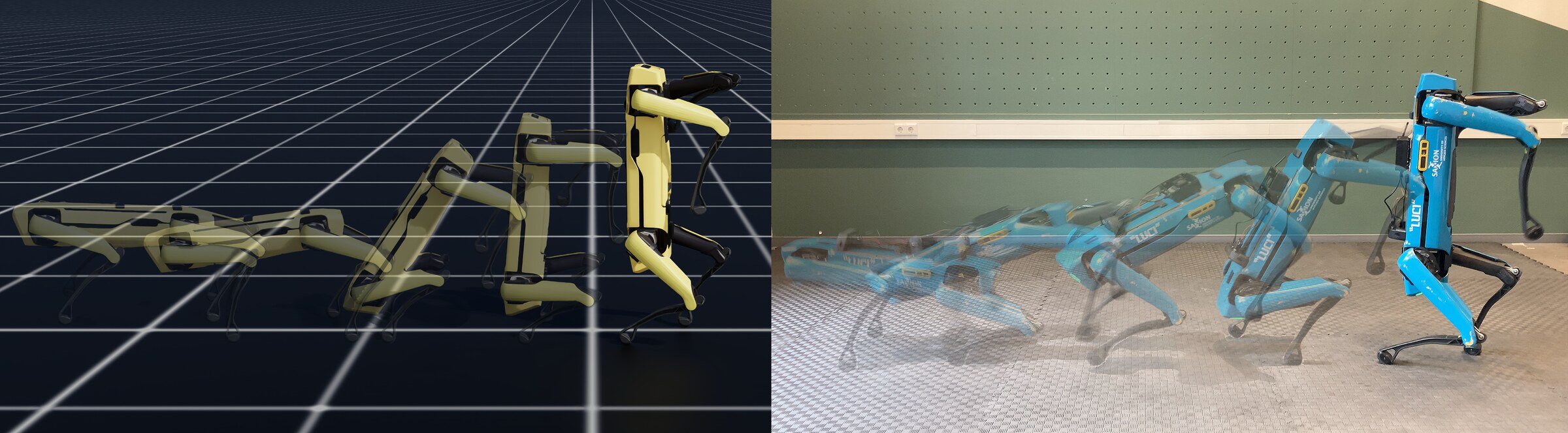 Spot transitioning from a four-legged stance to a handstand, in simulation and on hardware.
